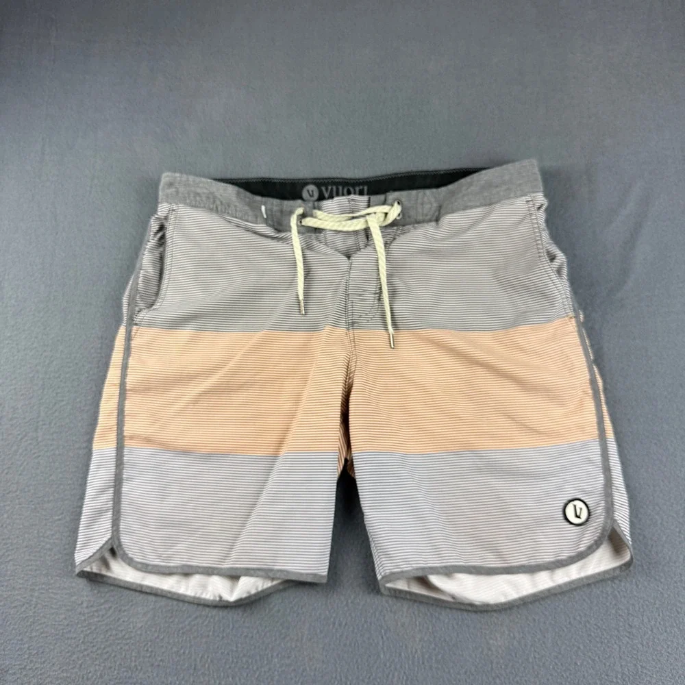 Vuori Cruise Board Shorts Men's 34 Gray Orange Striped Performance Swim Trunks